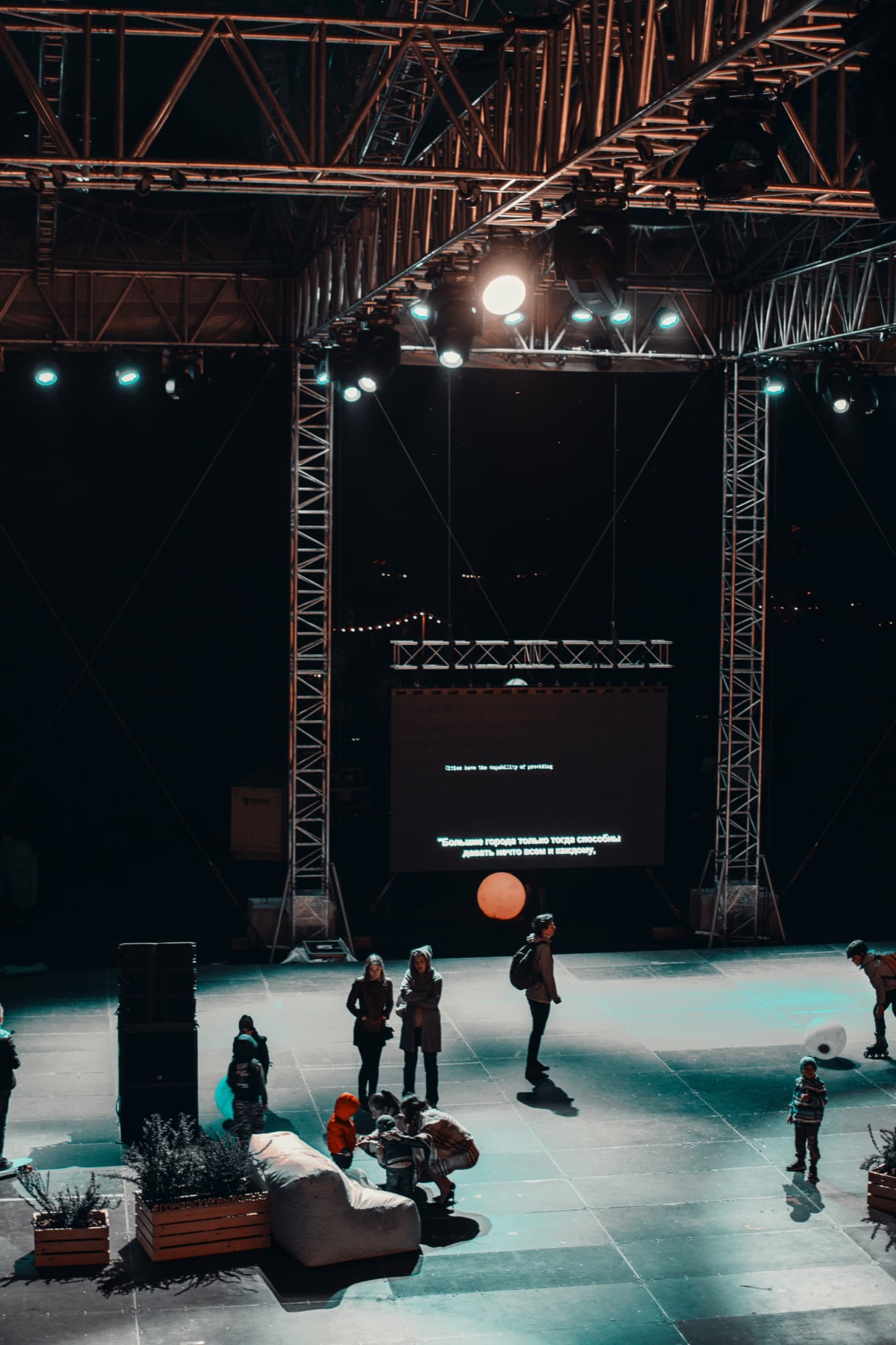 Large outdoor stage screen and lighting rig installation