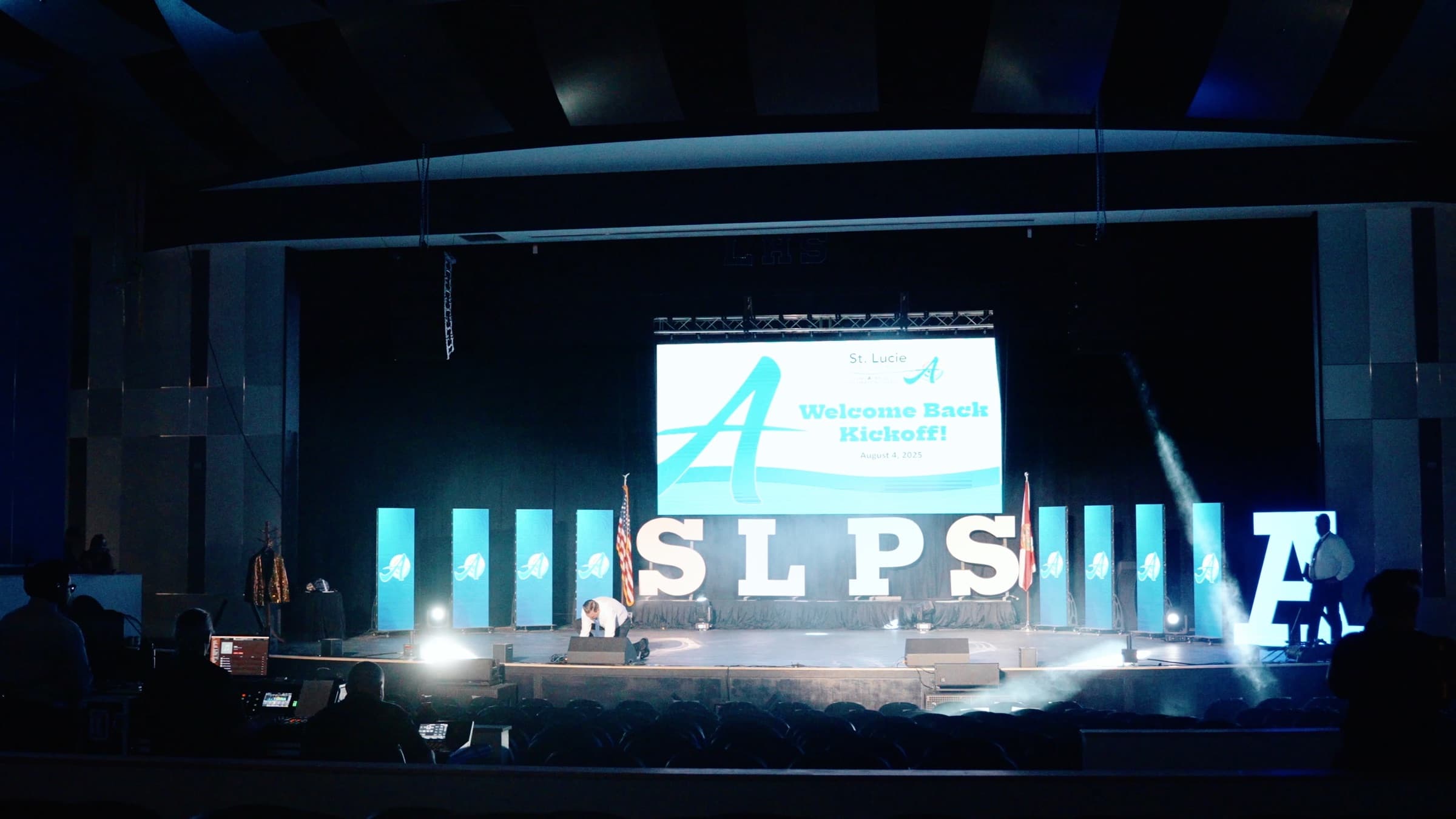 Full LED wall and stage screen setup for the SLPS Welcome Back Kickoff, August 4, 2025